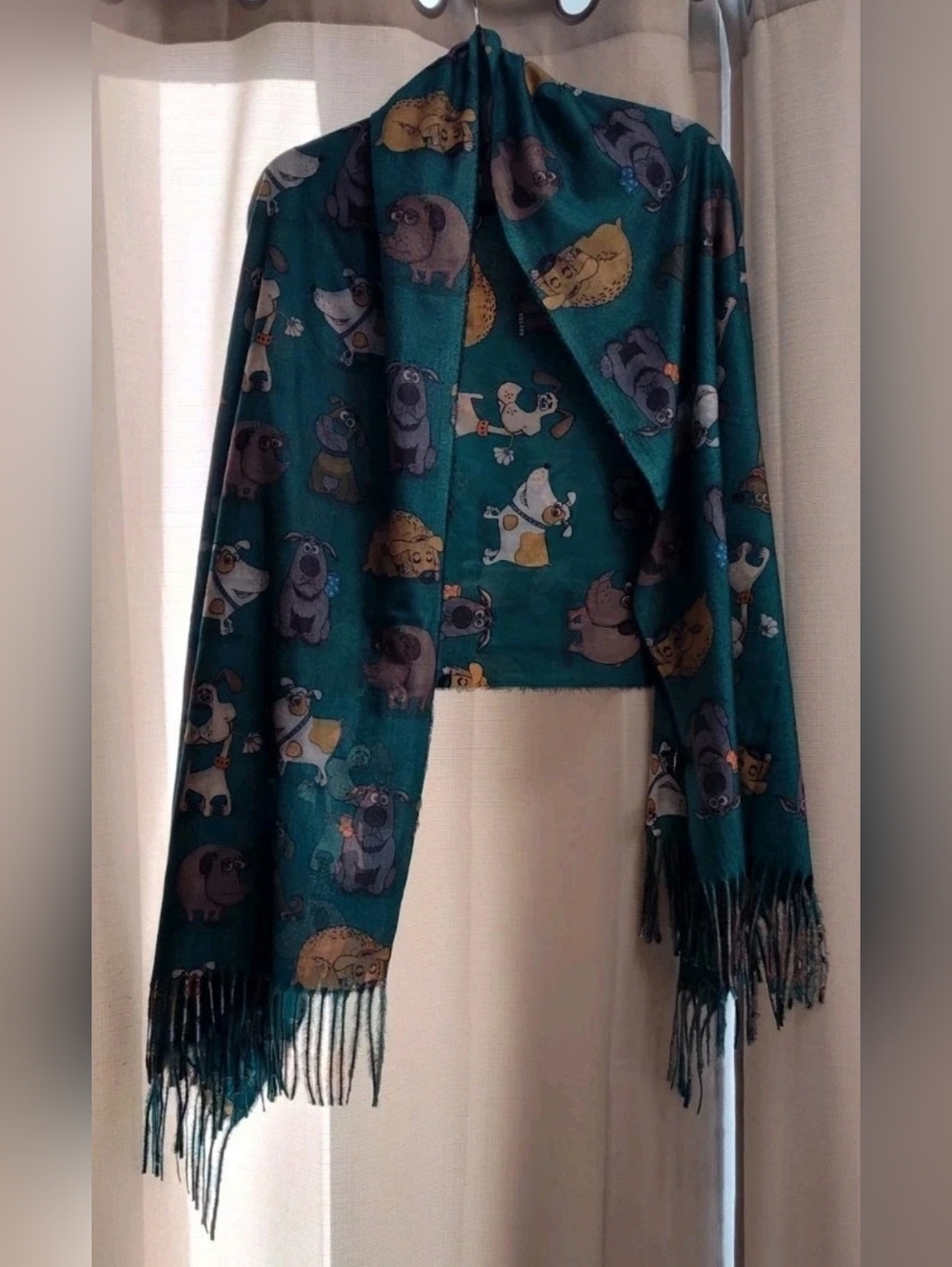 🐶Playful Cartoon Novelty Dog Green Viscose Fringe Scarf ~ Cute